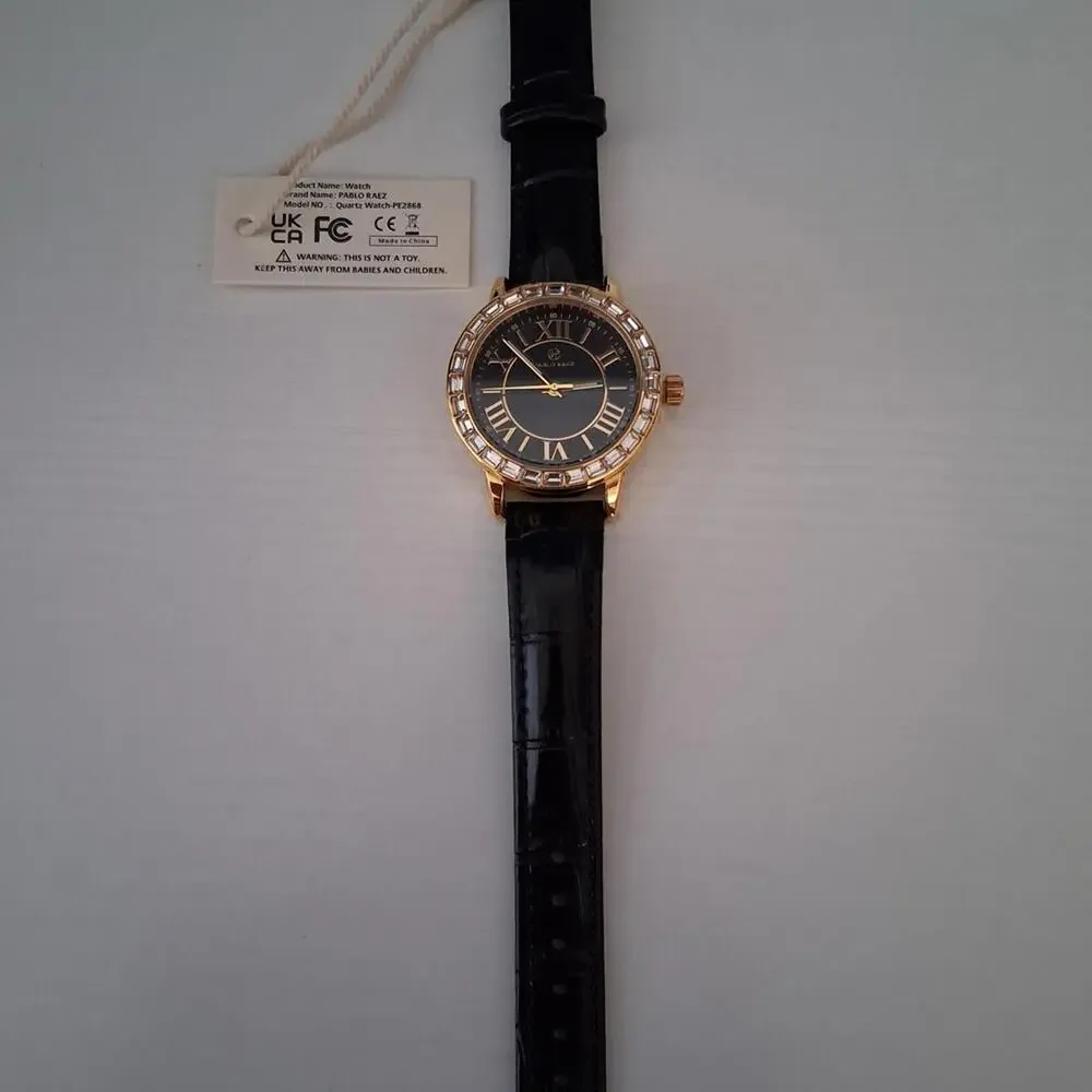 Pablo Raez 34mm Crystal & Leather Luxury Gold Filled Watch